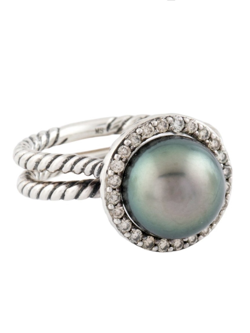 David yurman Sterling Silver Ring with Grey-Green Pearl and Pavé Halo